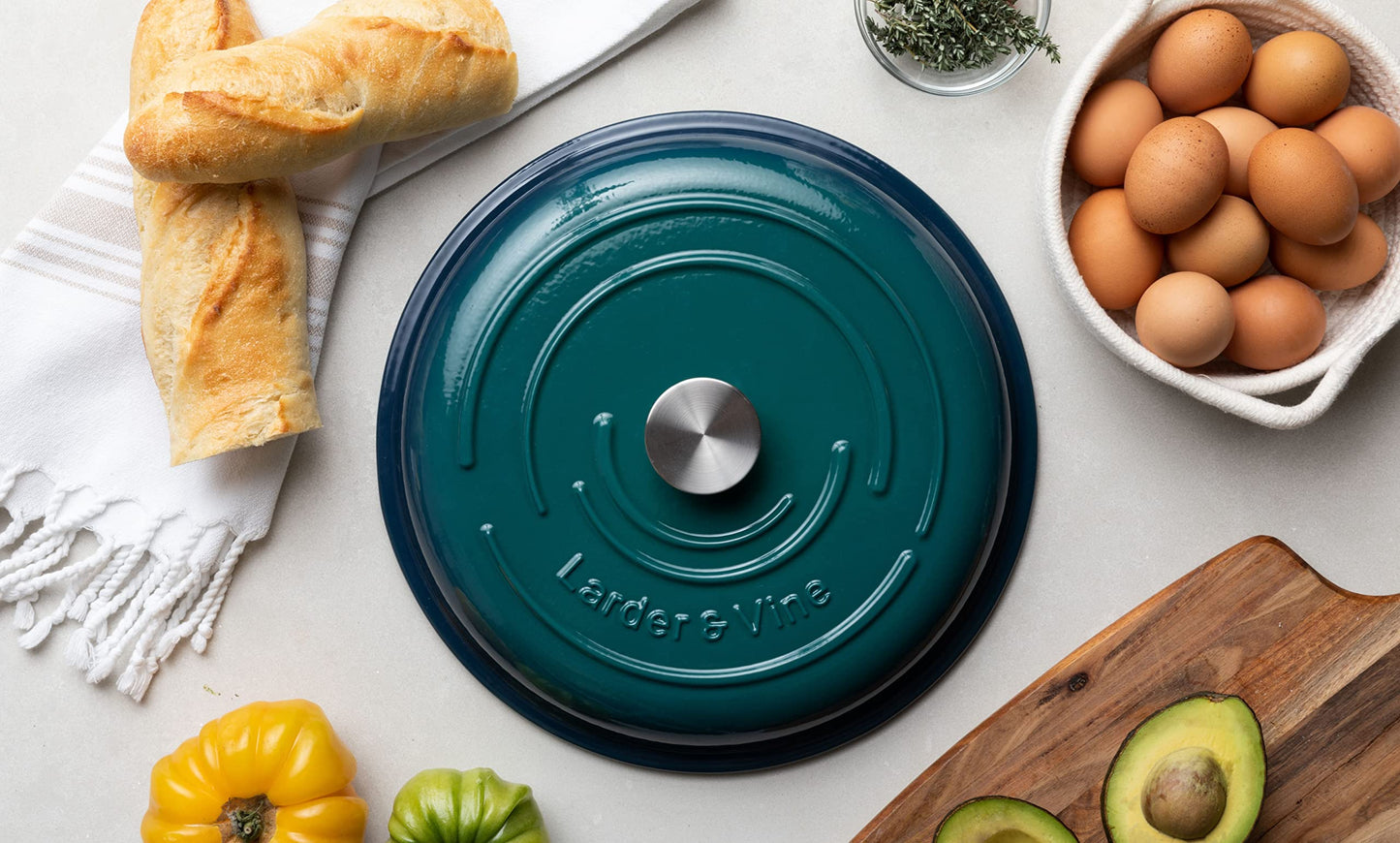 Larder & Vine 6-Piece Enameled Cast Iron Pan Cookware Sets, Includes 8 Quart and 5.7 Quart Dutch Oven with Lids, Braiser/Crock Pot with Lid (Bondi)