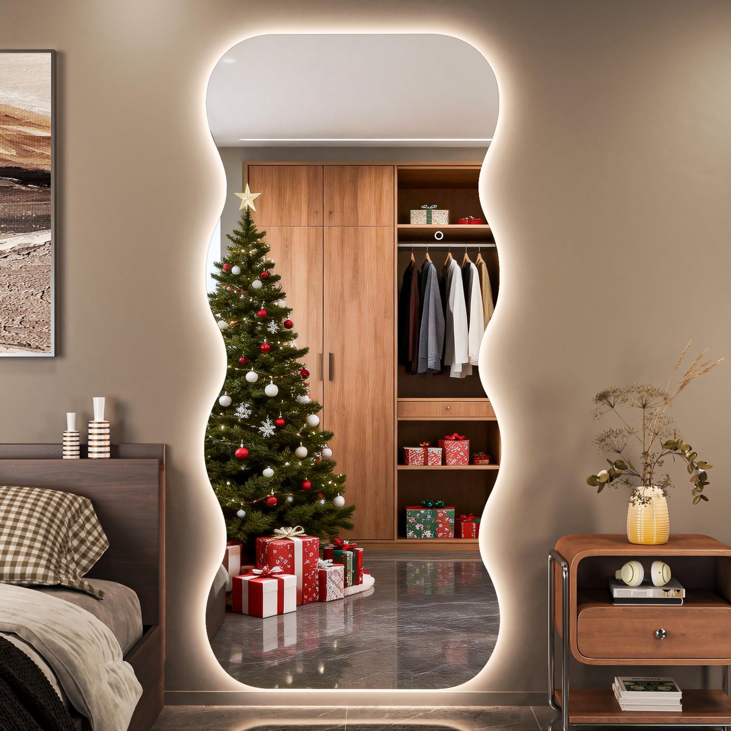 Hasipu Wavy Full Length Mirror with Lights - 71"×31" LED Wavy Floor Mirror, Frameless, Dimmable, Standing or Vertical/Horizontal Wall-Mounted Mirror for Bedroom, Living Room, Cloakroom