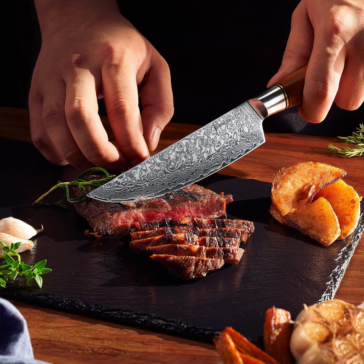 SENKEN 16-Piece Damascus Knife block Set - The Dynasty Collection - Japanese VG10 Damascus Steel with Natural Sycamore Wood Handles, Steak Knives, Scissors, & Sharpening Rod (16-Piece Knife Block Set)