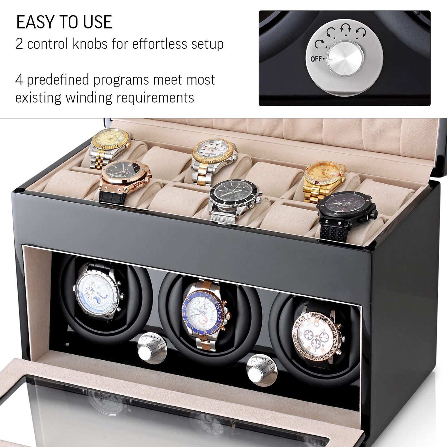 Watch Winder and Storage box for winding 3 Automatic Watches and 12 Watch Storage Space (Black + Beige)