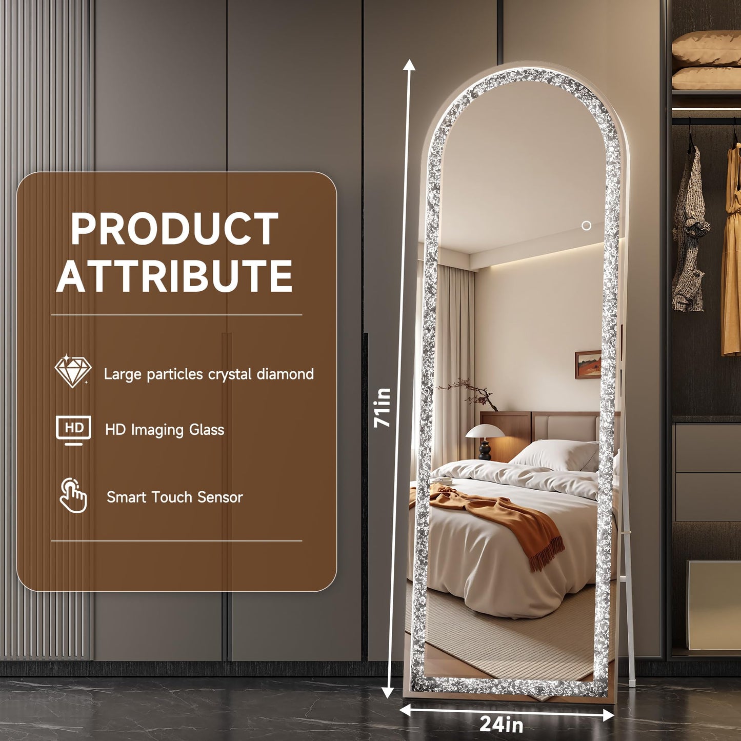 WINNICE 71"×24" Full-Length Mirror with Lights- Arch Crystal Crush Diamond Wall Mounted Hanging Diamond Mirror Leaning for Living Room Bedroom