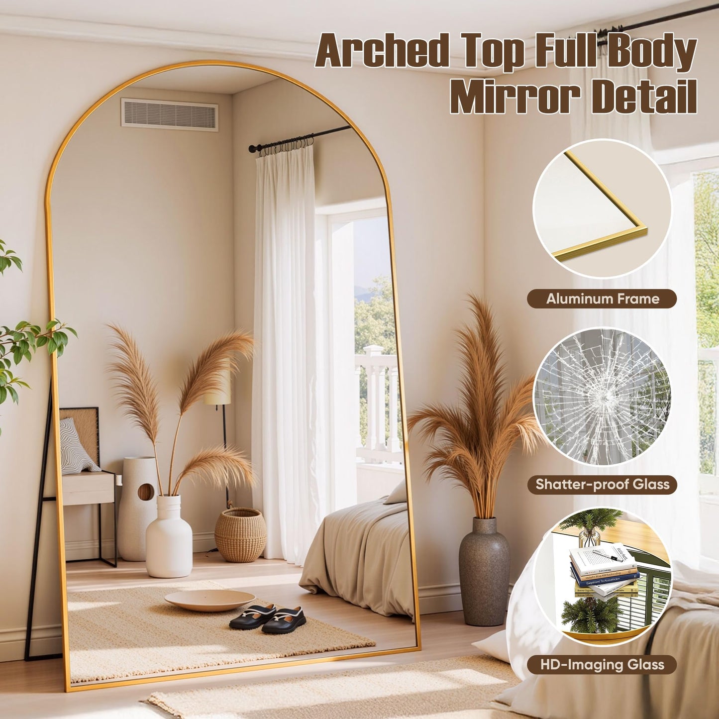 Furnbar Floor Mirror, 86"x46" Oversized Full Length Mirror with Stand, Arched Full Body Mirror Standing Hanging Leaning Against Wall, Aluminum Frame Giant Mirrors for Bedroom Cloakroom, Gold