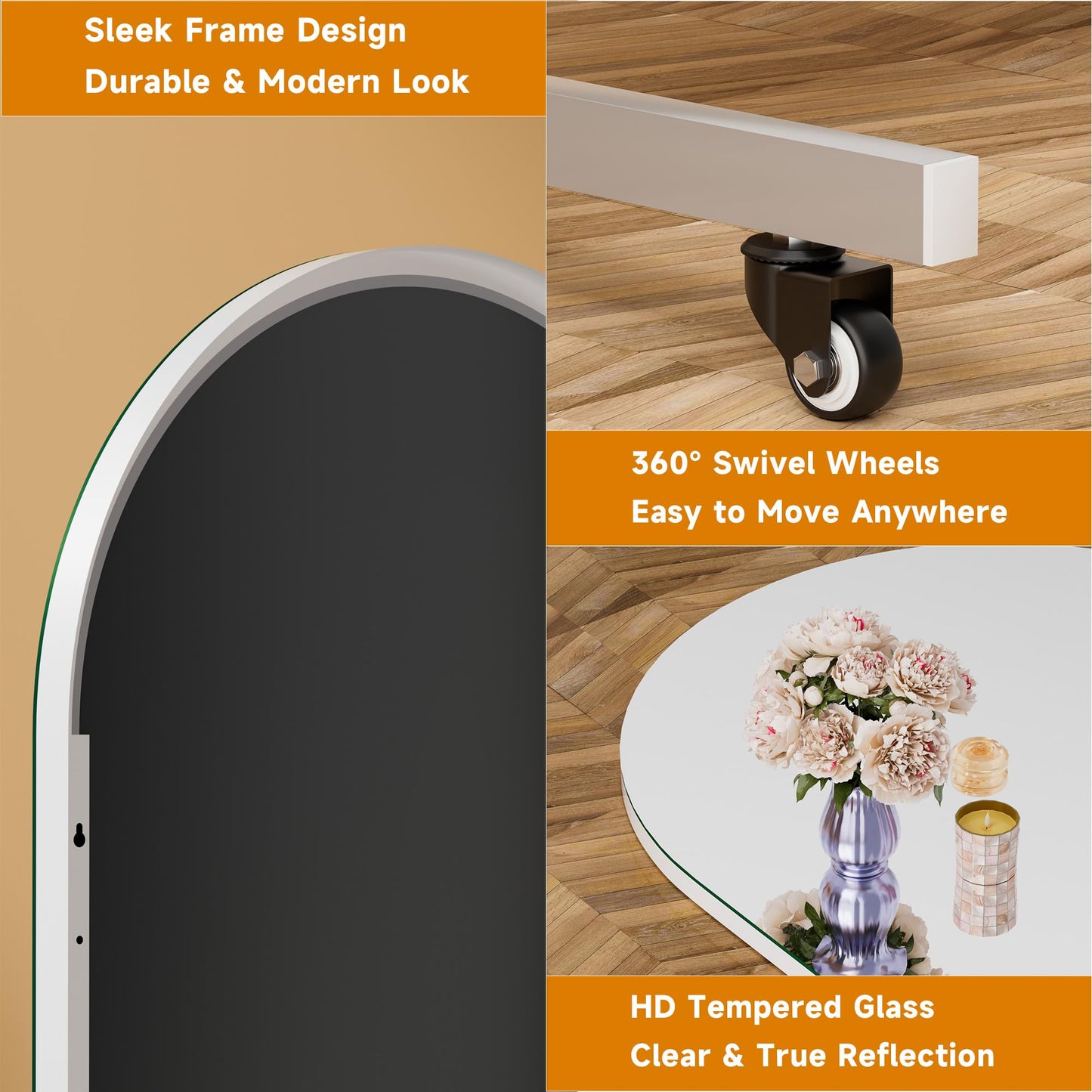 Hasipu 67" x 40" Arched Rolling Home Gym Mirror with Wheels, 360° Swivel Body Mirror with HD Tempered Glass, Large Floor Mirror for Yoga Room, Dance Studio, Bedroom & Home Gym