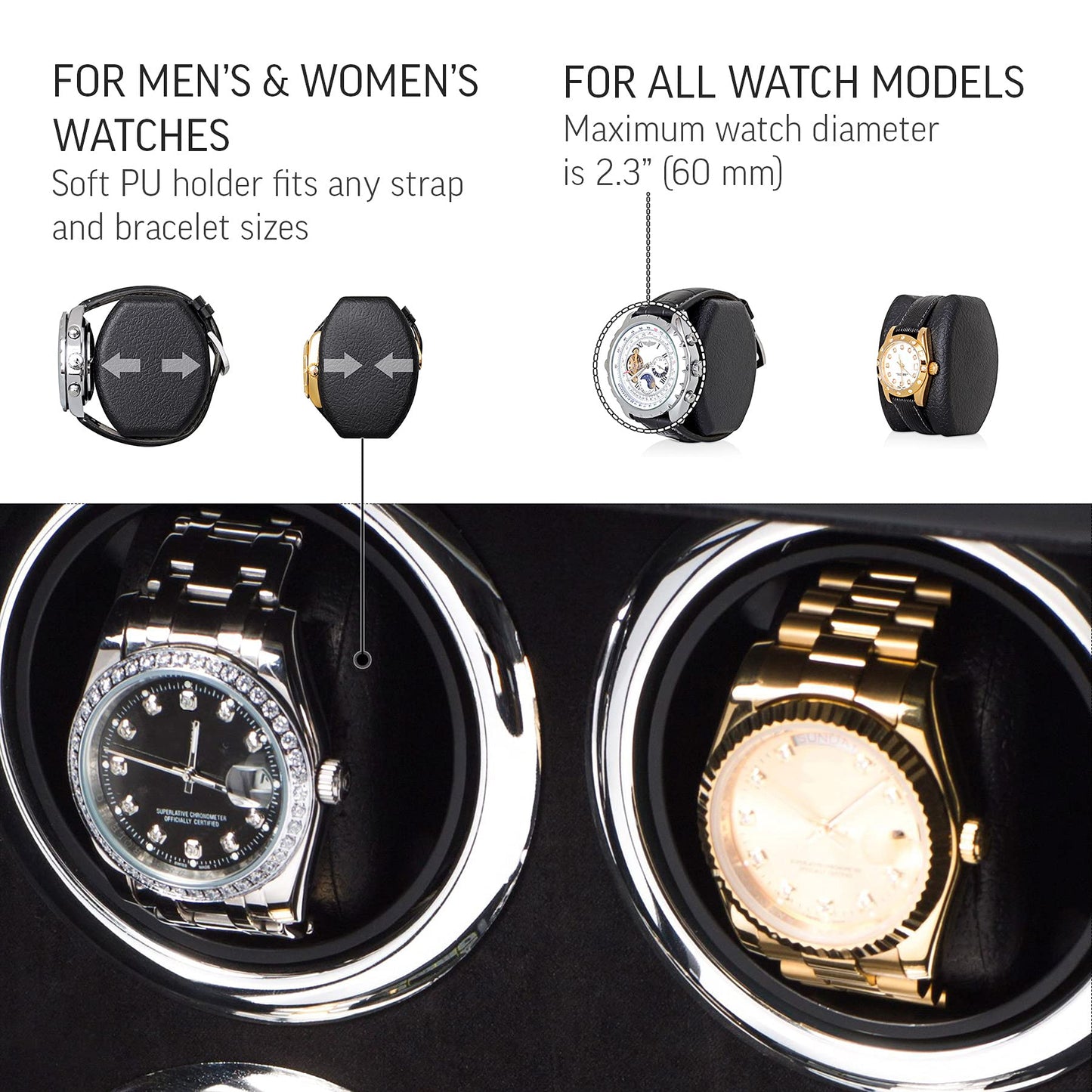 Watch Winder for 4 Watches with LED Backlight, LCD Display and Motor-Stop Option (Black & Black)