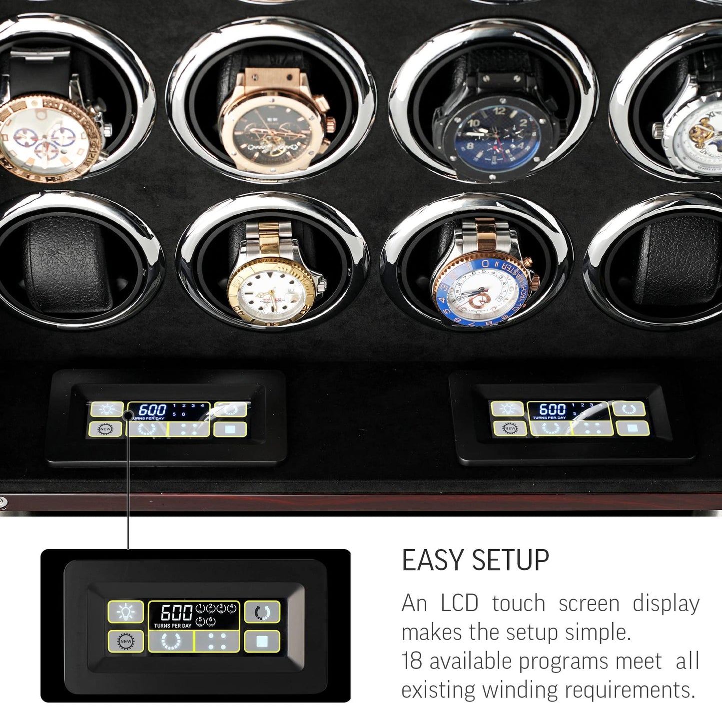 12 Watch Winder for Automatic Watches with LED Light and LCD Touchscreen Control (White)