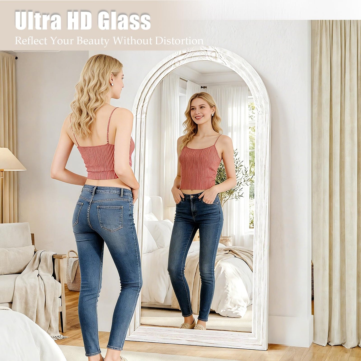 WISSMIELS 30"x71" Full Length Mirror Solid Wood Frame, Arched Floor Mirror Full Length with Stand, Room Decor Big Full Body Mirror with HD Tempered Glass for Bedroom, Living Room, White