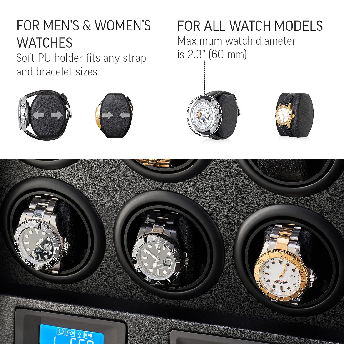 6 Watch Winder with LED Light, LCD Display and Storage Drawer (Carbon)