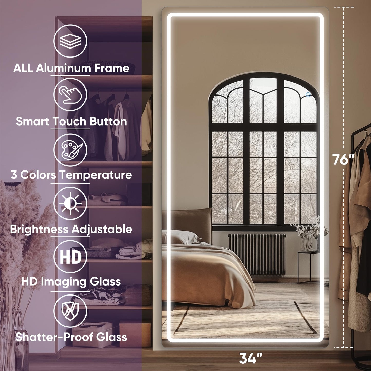 LadyNow LED Full Length Mirror, 76" x 34" Rect Style, Floor Standing or Wall Hanging, Lighted, Aluminum Frame