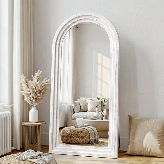 WISSMIELS 30"x71" Full Length Mirror Solid Wood Frame, Arched Floor Mirror Full Length with Stand, Room Decor Big Full Body Mirror with HD Tempered Glass for Bedroom, Living Room, White