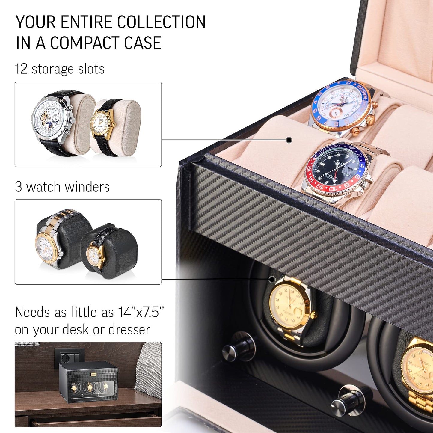 Watch Winder and Storage box for winding 3 Automatic Watches and 12 Watch Storage Space (Black)