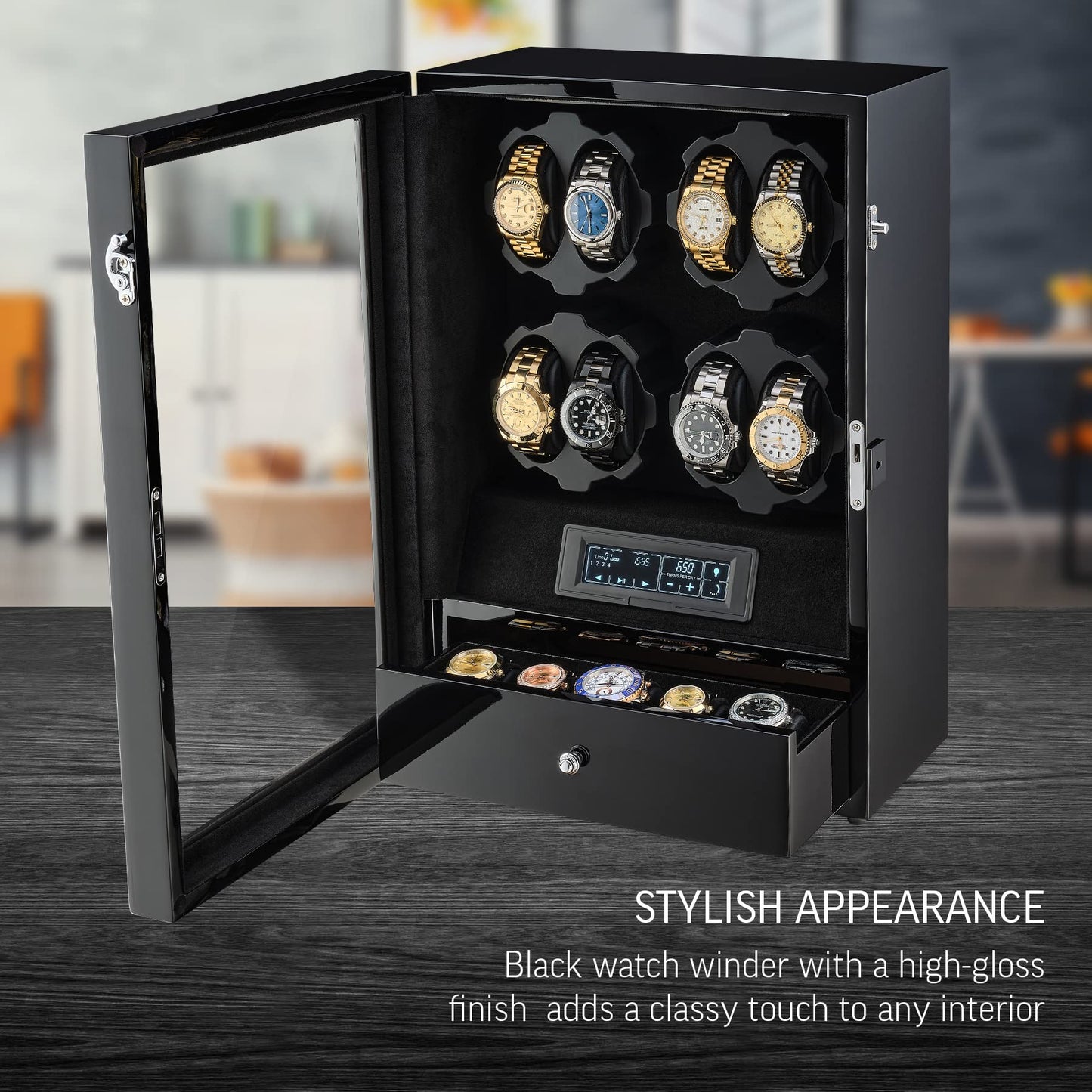 8 Watch Winder with LED Backlight and 5 Watch Storage Drawer
