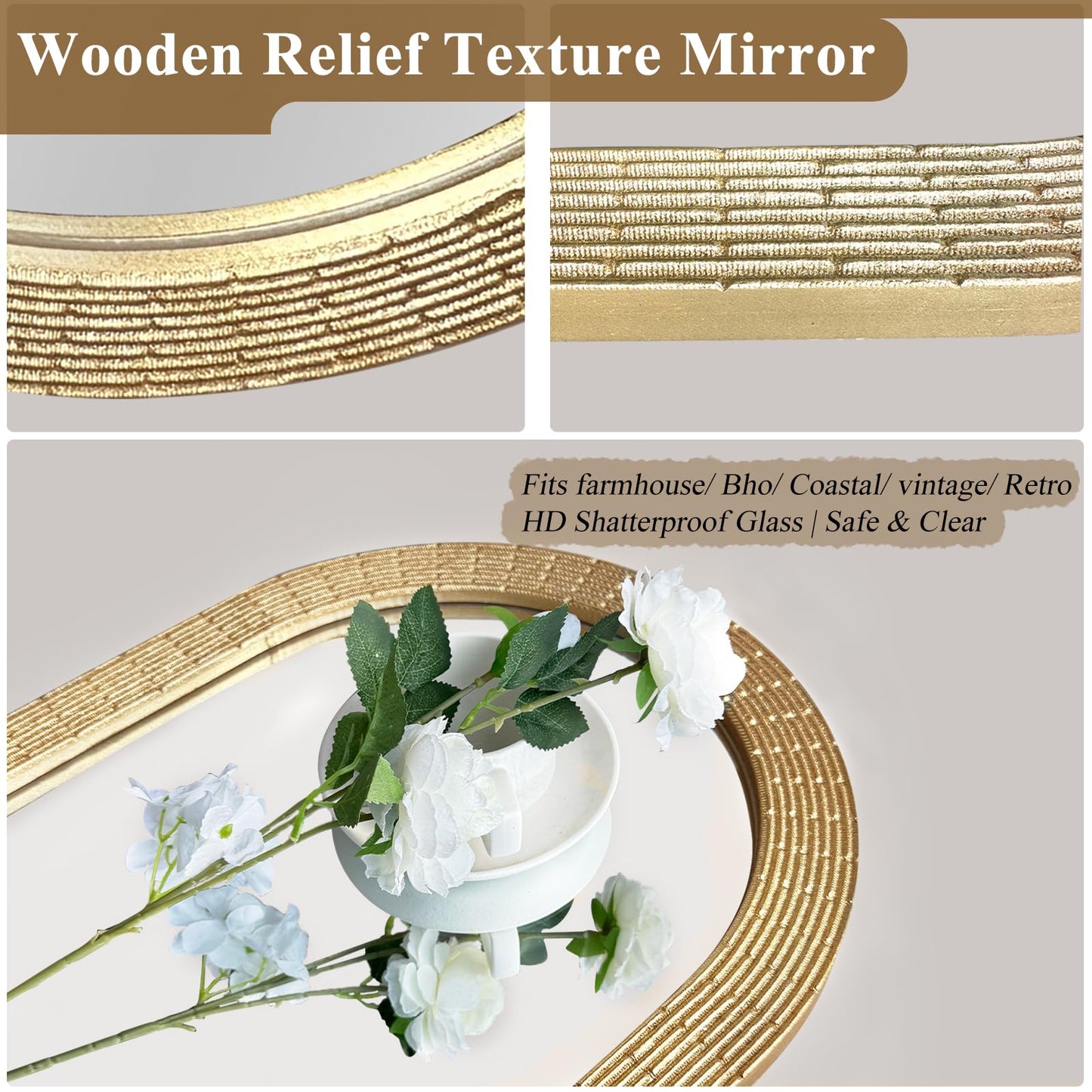 WAMIRRO Gold Round Wood Mirror, 36 Inch Hand Carved Solid Wood Frame Circle Mirror for Wall Mount, Farmhouse Boho Decor for Living Room, Bathroom, Bedroom, Hallway & Entryway