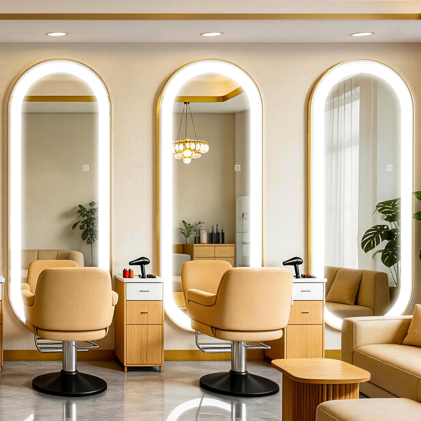 FENNIO 70" x 32" Large Wall Mounted Mirror with LED Lights, Oval Full Length LED Lighted Full Body Dressing Mirror,Salon Mirrors for Hair Stylist,Brushed Aluminum Frame, Tempered Glass(Gold