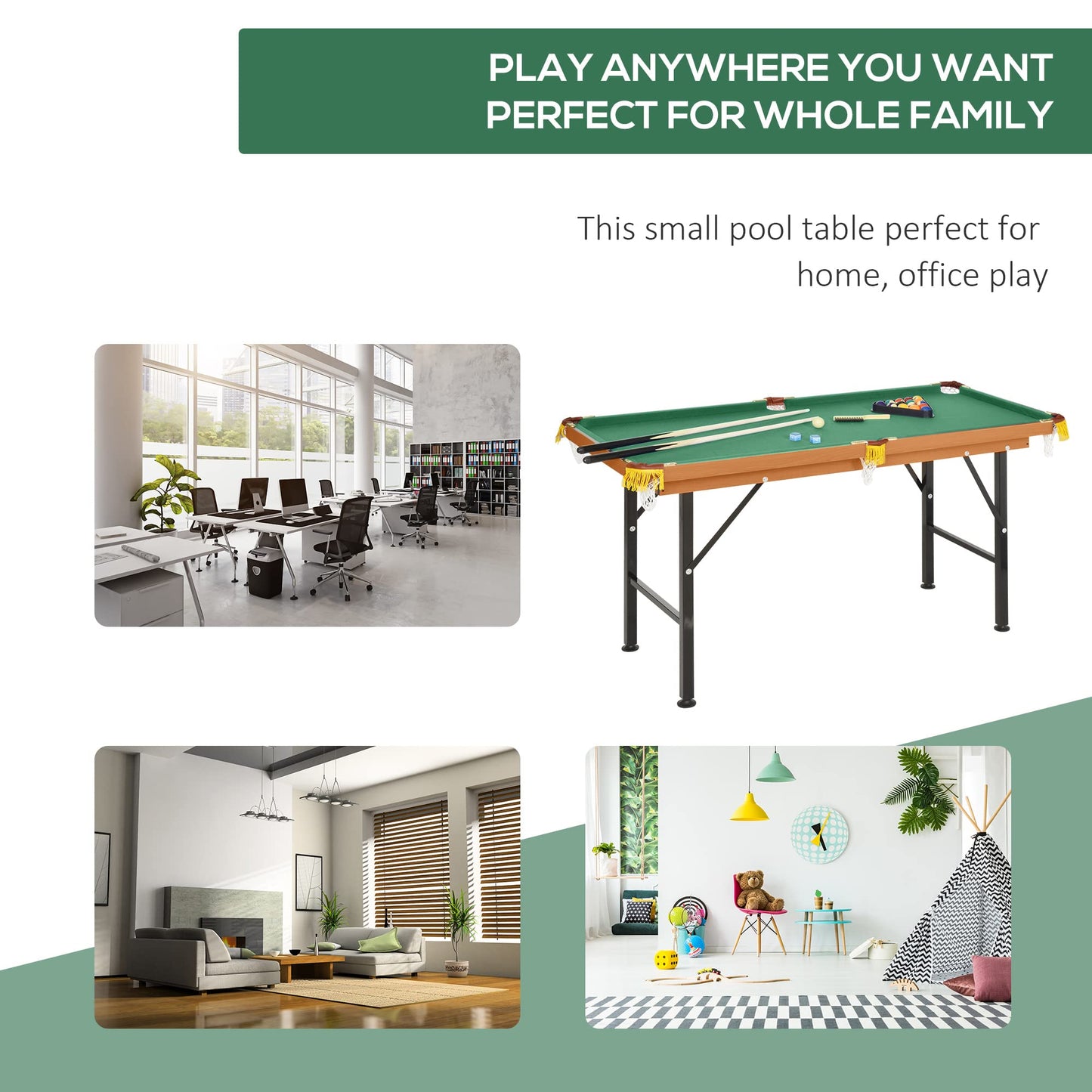ComeWay 55" Portable Billiards Table with All Accessories, Foldable Pool Game Table for Whole Family Number Use with Cues, Ball, Rack, Chalk - Green