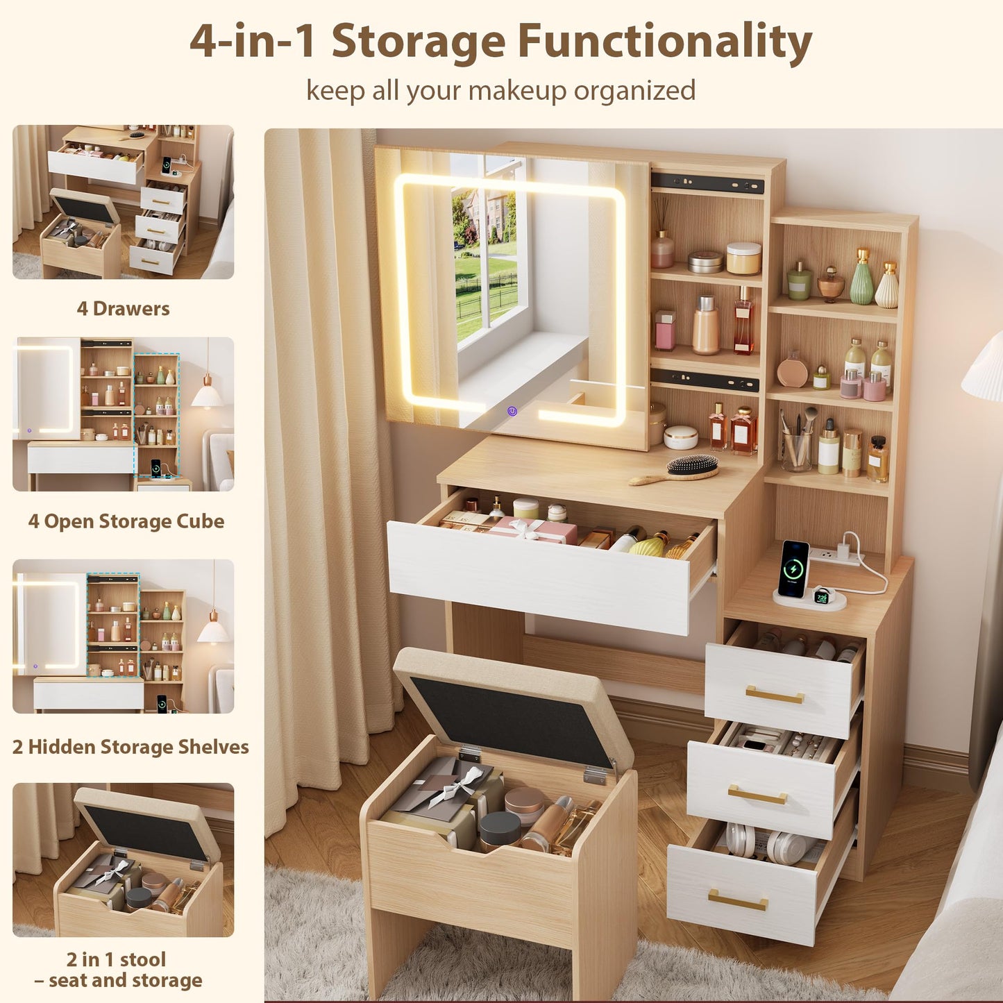 GarveeHome Makeup Vanity Desk with Sliding Mirror, Vanity Dressing Table with 3 Color Adjustable Lights, Girls Vanity Set with Stool, 4 Compact Vanity Drawers, Power Outlet, Natural