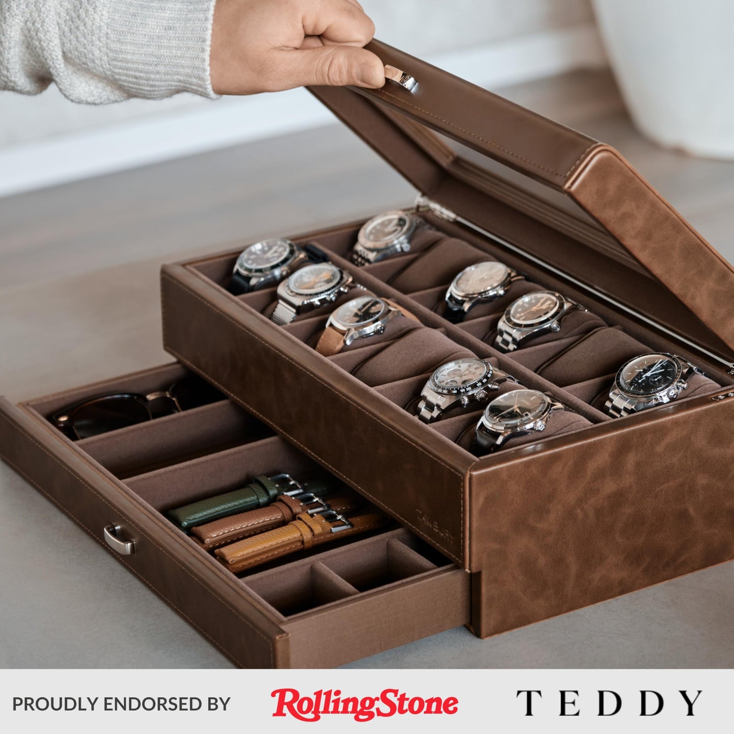 TAWBURY Bayswater 12 Slot Watch Box with Drawer (Brown) with a Set of 12 Small Pillows to Fit 6.6-7.1" Wrists