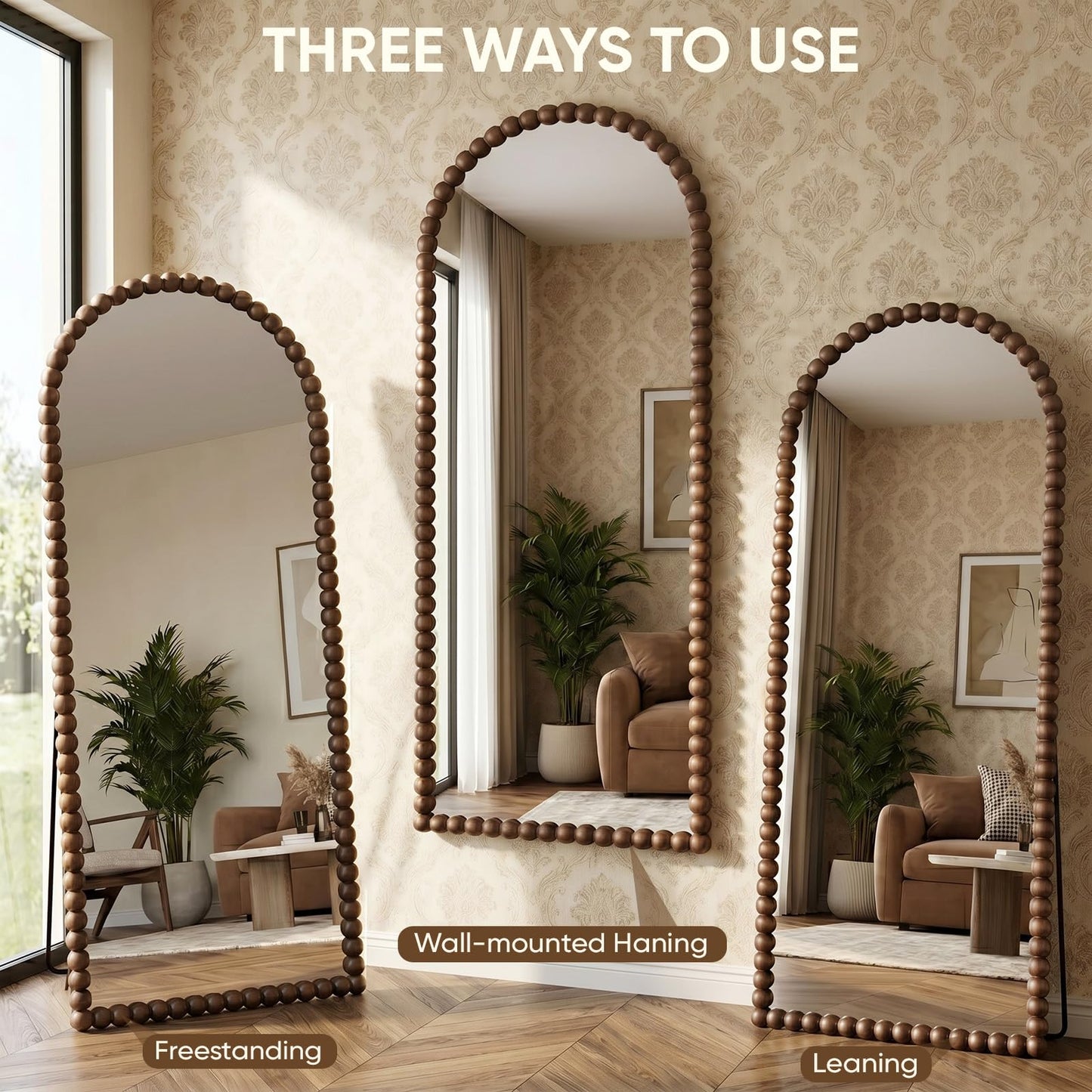 Antok 71" x 28" Arched Full Length Mirror, Antique Beaded Frame Floor Standing or Wall Mounted Mirror with Stand for Bedroom, Entryway, Brown, Luxury Style