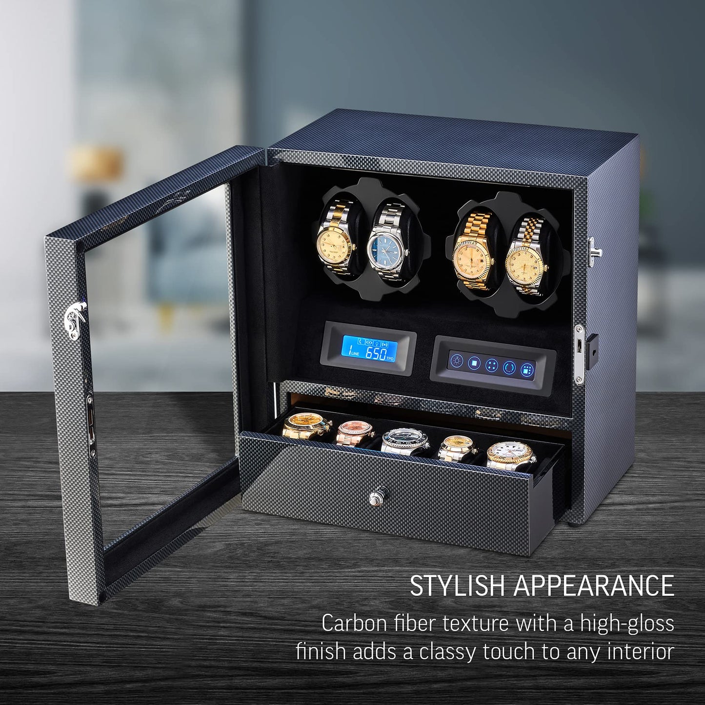 4 Watch Winder with 5 Watch Storage Space, LCD Display, Touch Control and Interior Light (Black + Black)