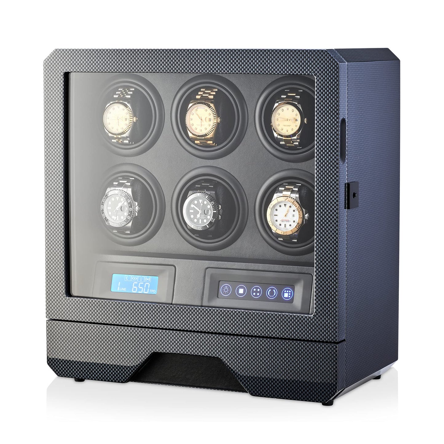 6 Watch Winder with LED Light, LCD Display and Storage Drawer (Carbon)