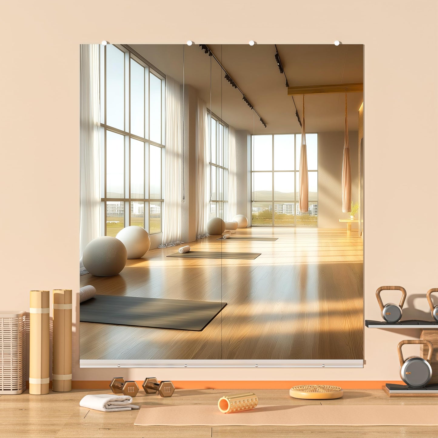 Hasipu Home Gym Mirror, 71"x32" Each, 2-Pack Frameless Wall Mounted Mirrors with Glass Clamps & 2 Aluminum Rail, Large Body Mirror for Home Gym, Yoga Studio, Bedroom, Silver Tempered Glass