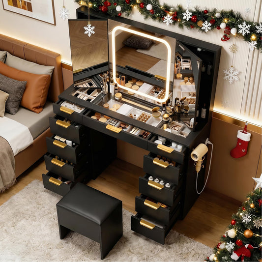Fkhouse Glass Top Vanity Desk with Foldable Mirror and Lights, 11 Drawers Makeup Vanity with Charging Station, 3 Lighting Modes Dressing Table with Chair, Black