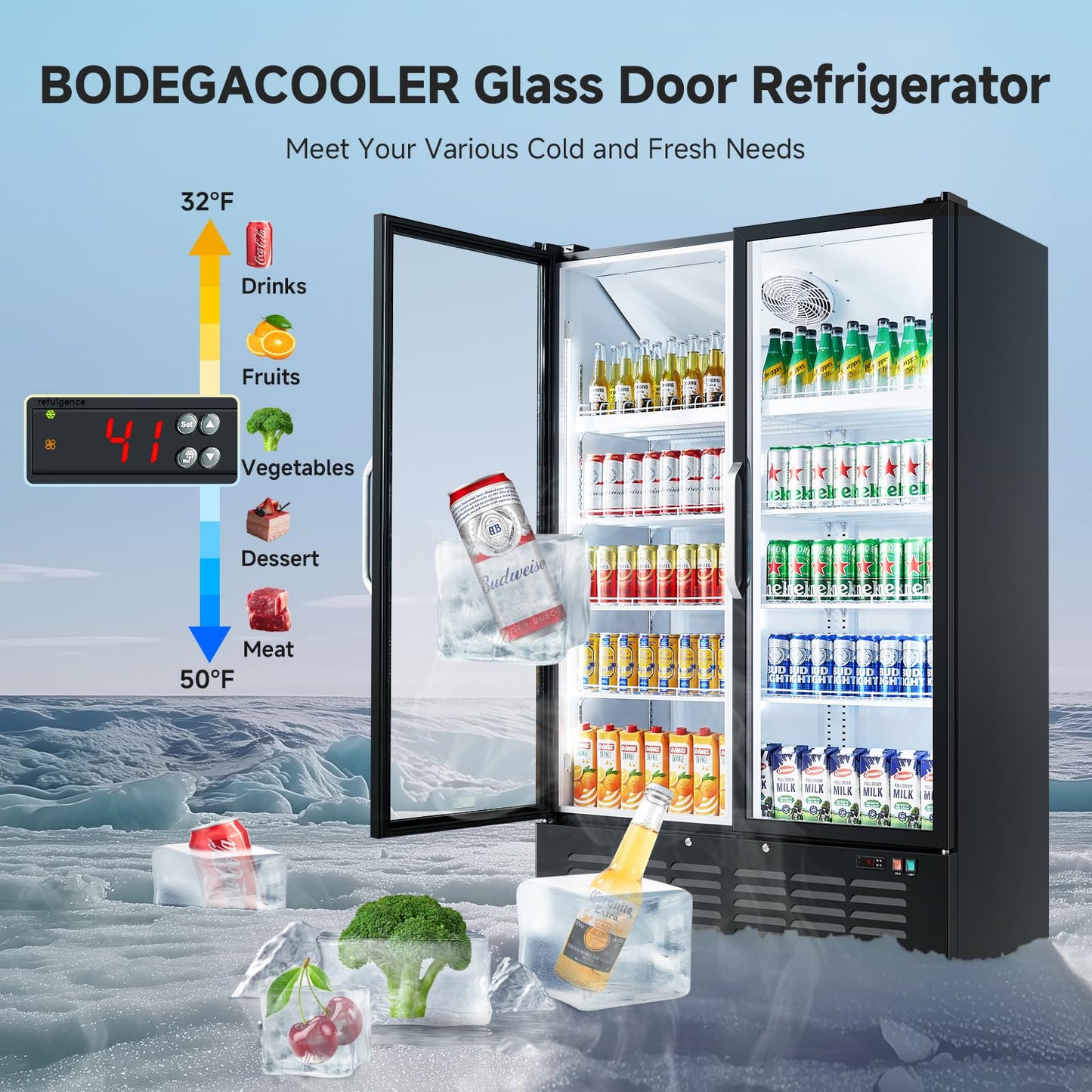 BODEGACOOLER Commercial Merchandiser Refrigerator, 36.8 Cu.Ft Double Glass Door Beverage Cooler, Upright Display Refrigerator with Soft LED Light, Adjustable Shelves, 4 Heavy-Duty Casters, Black