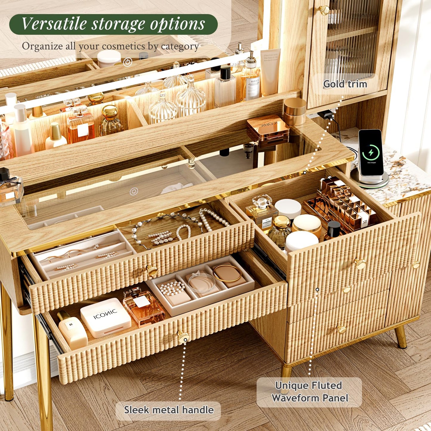 Arulvmrn Vanity Desk with 35.12" HD Lighted Mirror, 46.85" Big Modern Vanity Desk with Mirror and Lights, Makeup Vanity with 7 Drawers and Storage Shelves and Charging Station, Oak