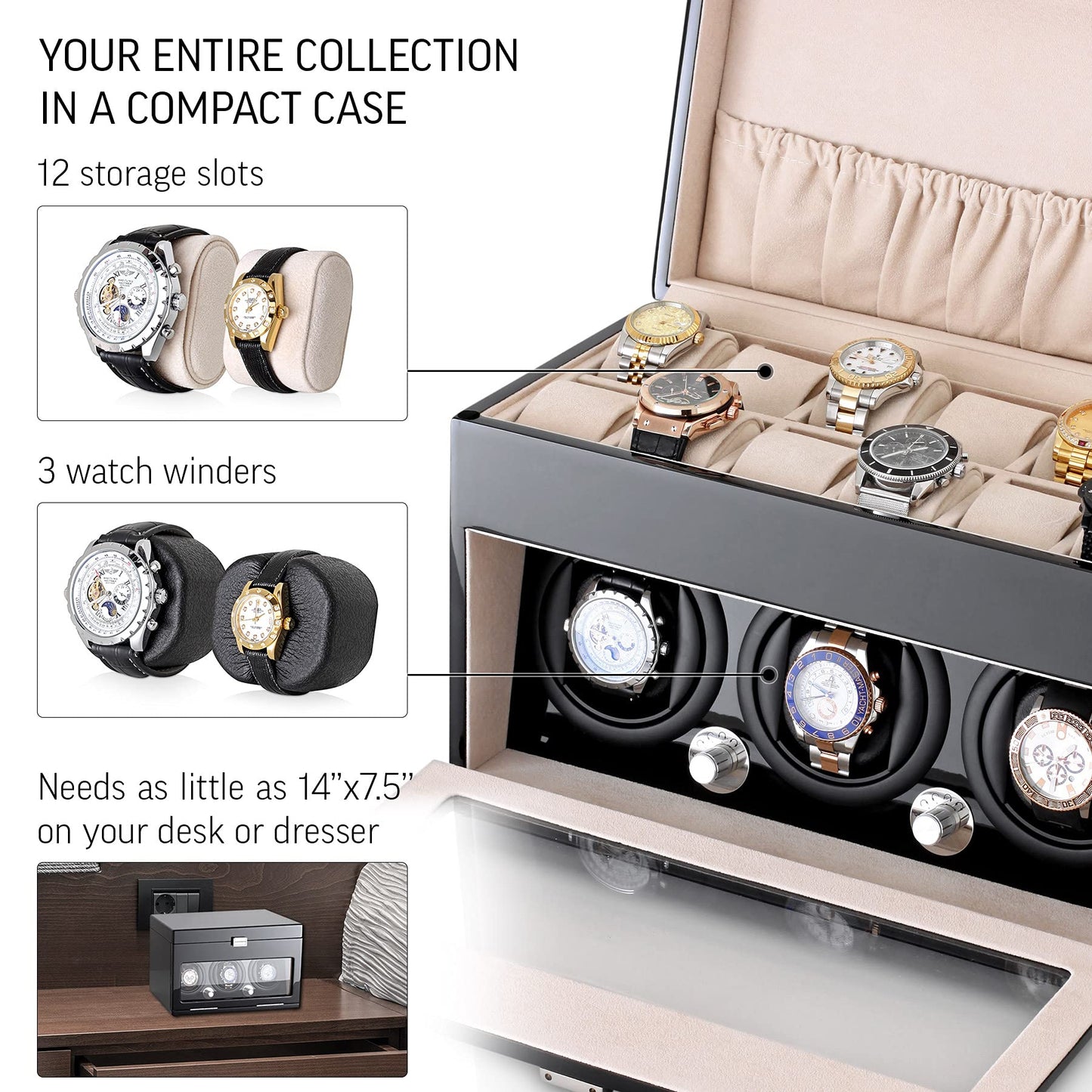 Watch Winder and Storage box for winding 3 Automatic Watches and 12 Watch Storage Space (Black + Beige)