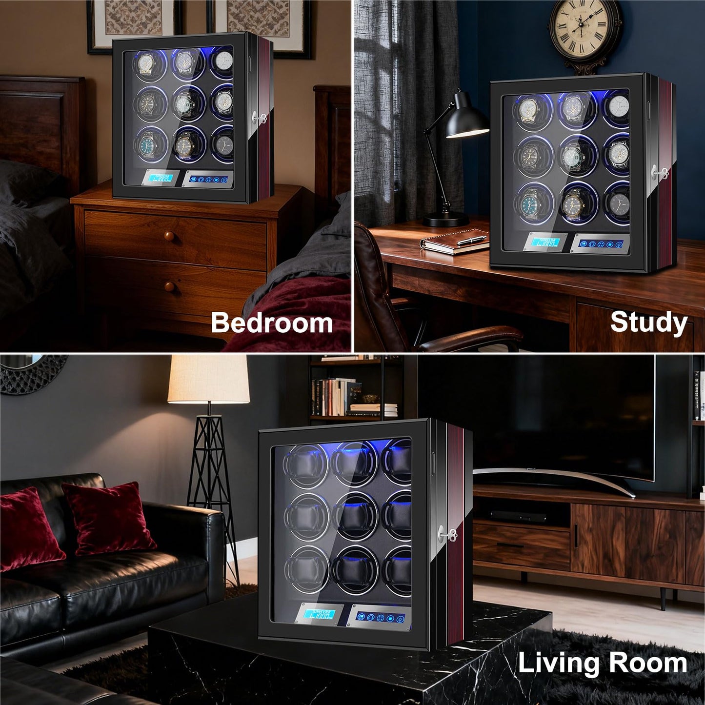 LELTNSOU Watch Winder for 9 Winding Spaces Automatic Watches, Ultra-Quiet Japanese Motors, Built-in LED Illumination and LCD Touchscreen Control