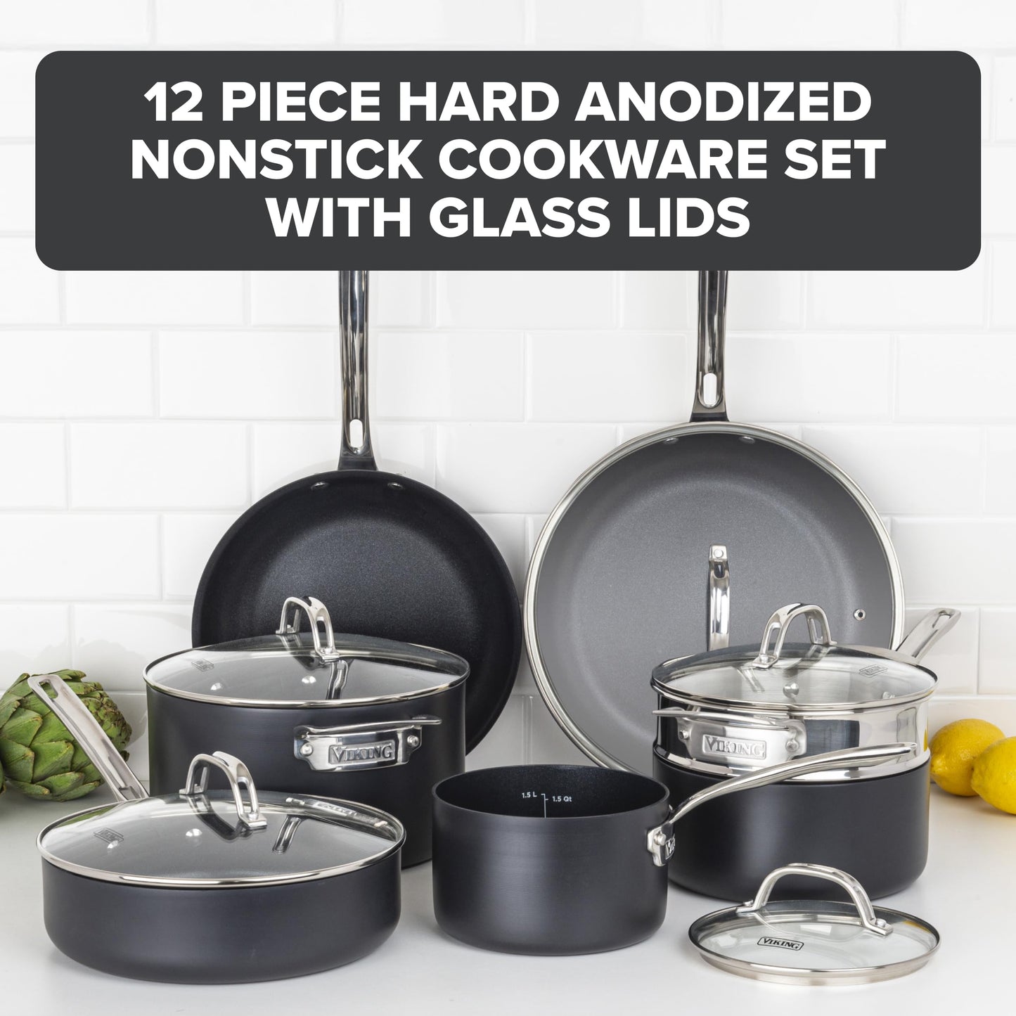 Viking Pots and Pans Set Non Stick,12 Piece Hard Anodized Kitchen Cookware with Glass Lids, Black