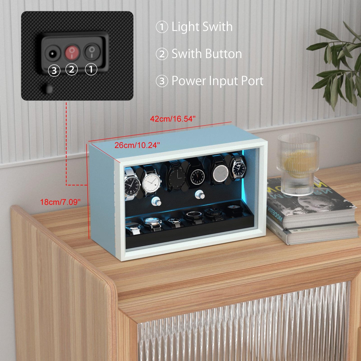 XTELARY Watch Winder for 6 Automatic Watches, Blue Lockable Automatic Winders with Extra 6 Watch Storages, 4 Rotation Modes, Flexible Watch Pillows, Quiet Mabuchi Motor, and Blue Backlight