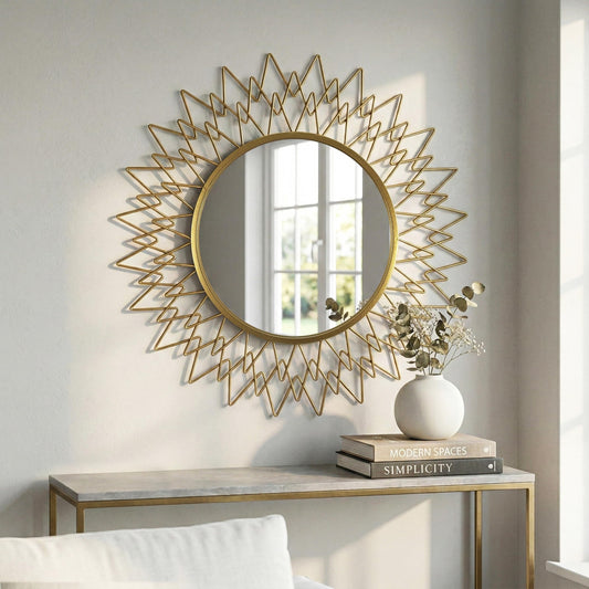 Qiqiong Vintage Gold Sunburst Wall Mirror - 36" Large Starburst Mirror for Wall with Metal Radiating Frame - Mid Century Modern Decor Mirror for Living Room, Entryway, Mantel