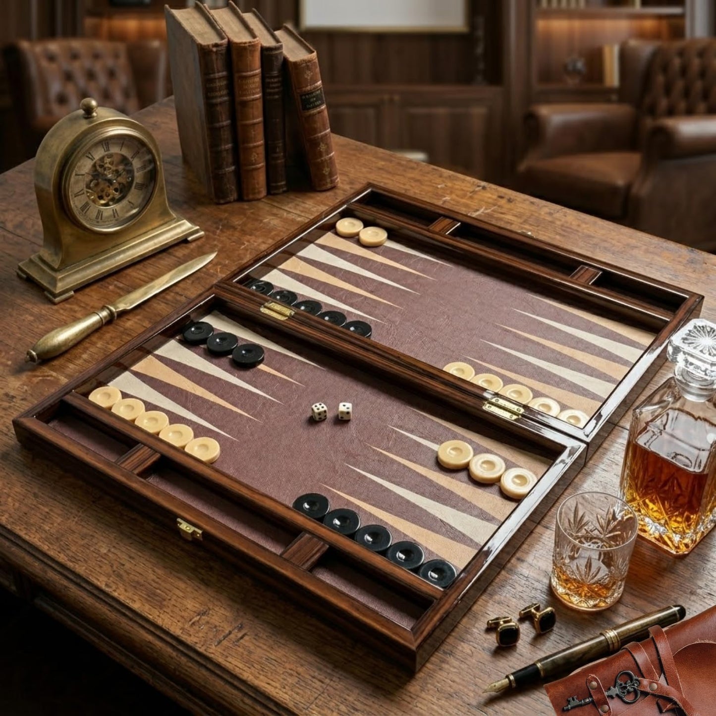 Turkish Backgammon Set for Adults, 19 Inch Luxury Ebony & Leather Backgammon Board, Premium Foldable Travel Game with Acrylic Checkers & Dice, Elegant Gift Choice for 2 Players