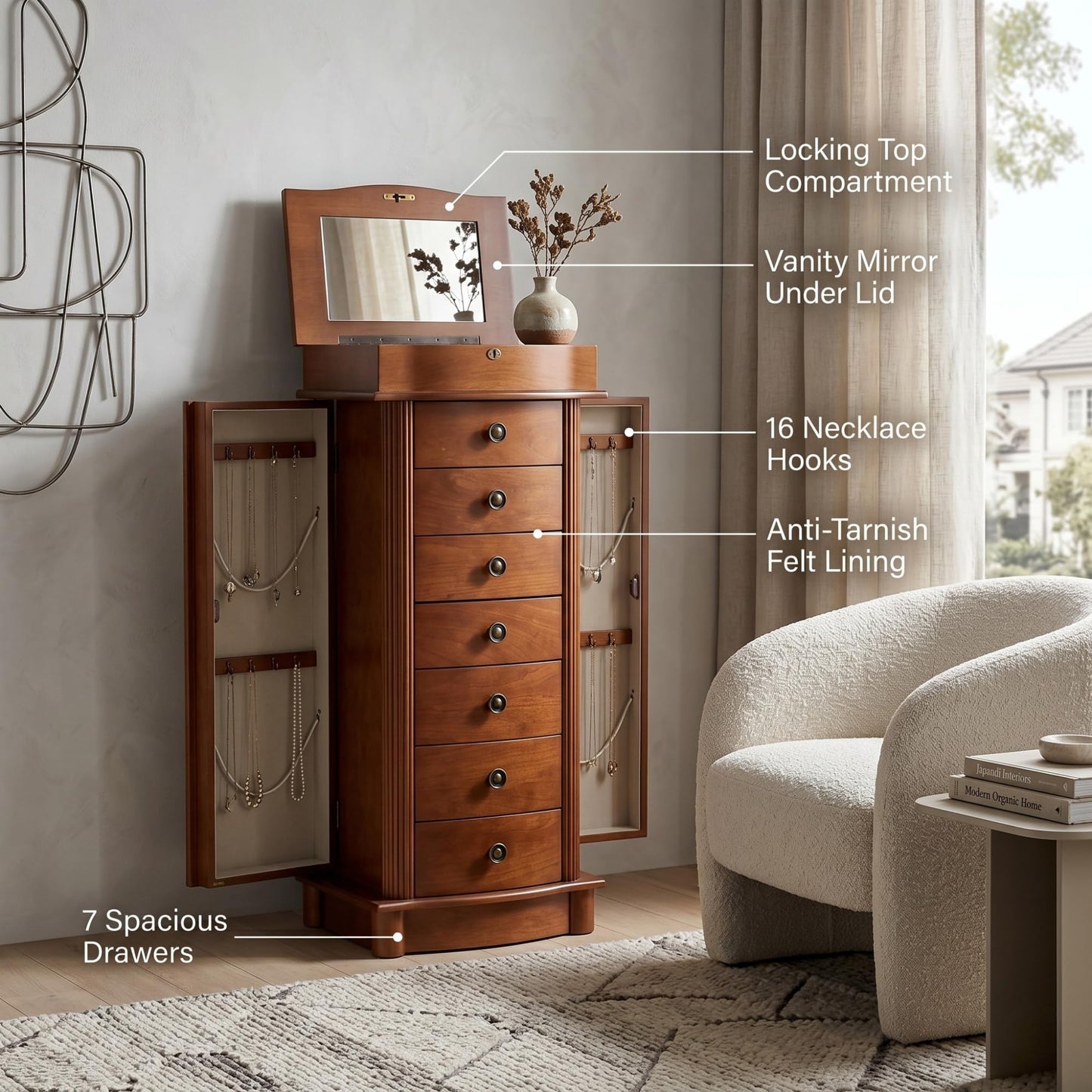 Hives and Honey Nora Jewelry Armoire Cabinet with Mirror – 7 Drawers, Locking Top, Necklace Hooks, Anti-Tarnish Felt – Traditional Standing Jewelry Organizer for Women, Walnut