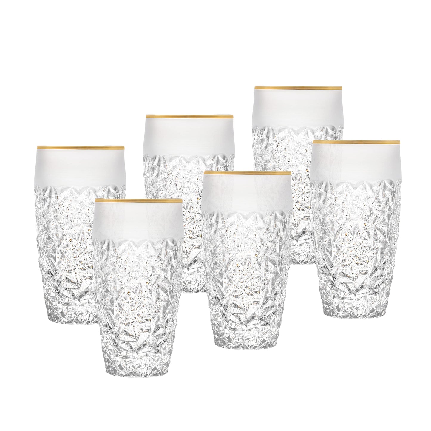 Barski - European Quality Glass - Crystal - Set of 6 - Highball - Hiball Tumblers - 16 oz. - Raindrop Design with Frosted Border and Gold Rim on Tumbler - Glasses are Made in Europe