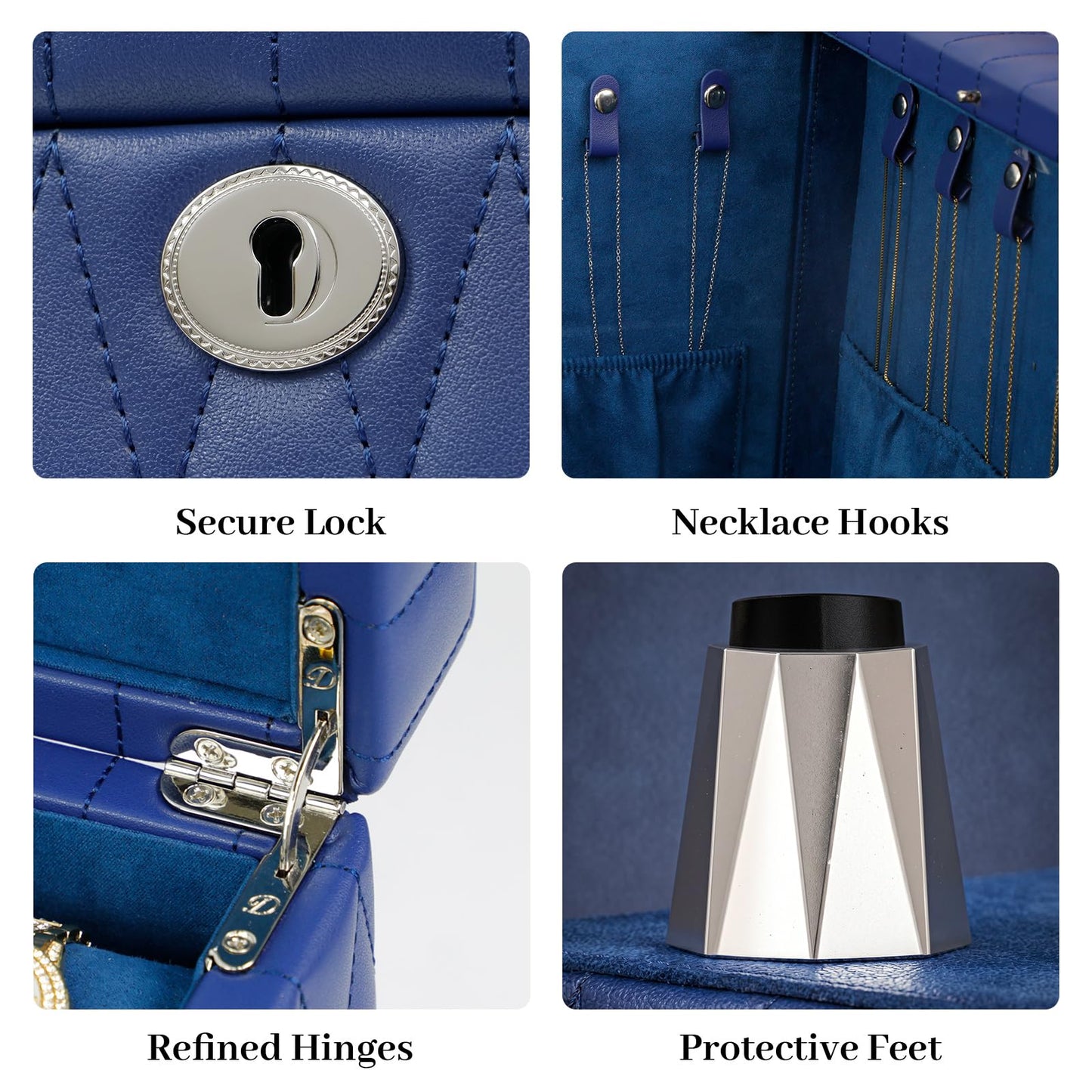 Homruilink Genuine Leather Jewelry Box – 3 Layer Large Jewelry Organizer with Mirror, Lockable Jewelry Box for Women – Necklace, Ring, Earring Organizer with Drawer - Mothers Day Gifts for Mom(Blue)