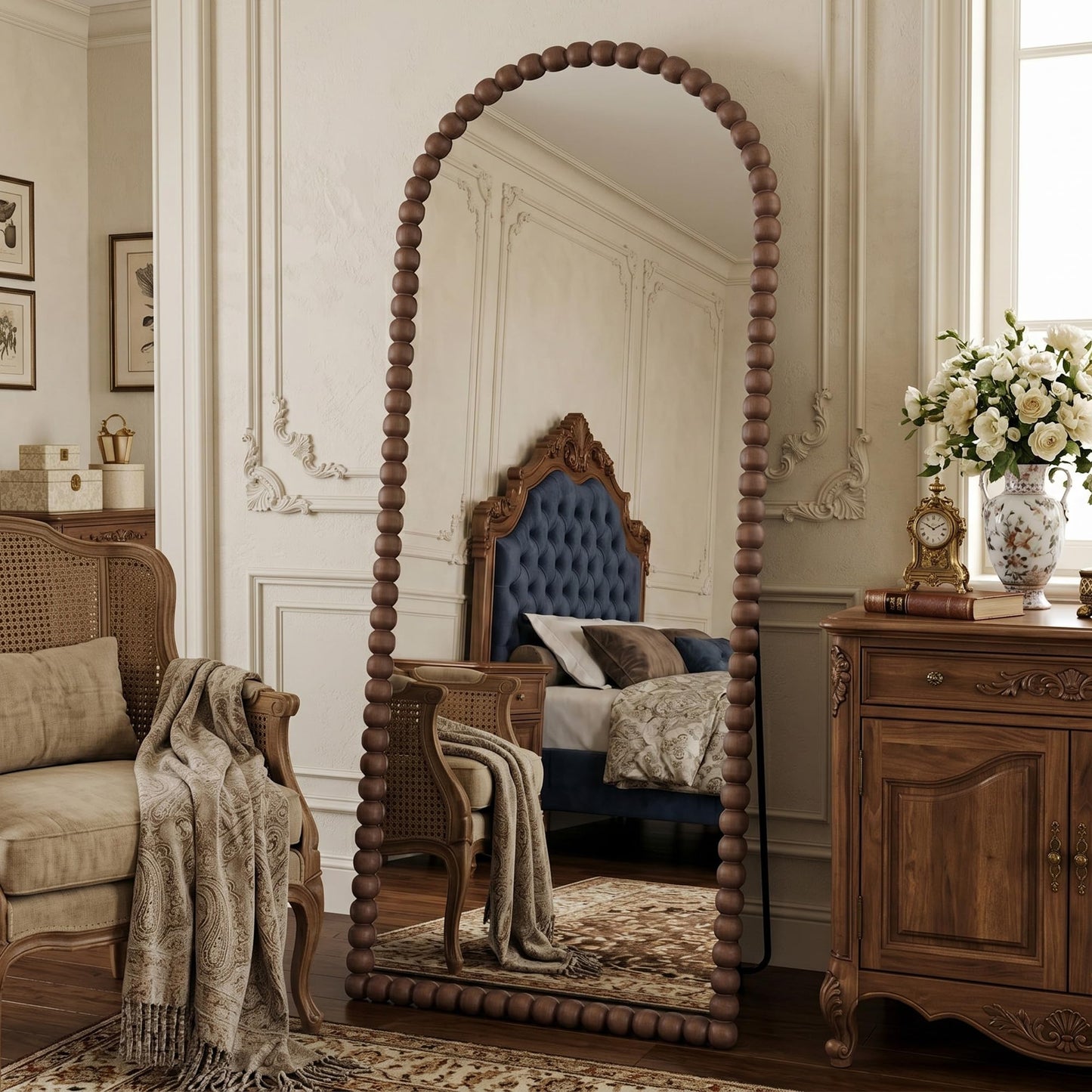 Antok 71" x 28" Arched Full Length Mirror, Antique Beaded Frame Floor Standing or Wall Mounted Mirror with Stand for Bedroom, Entryway, Brown, Luxury Style