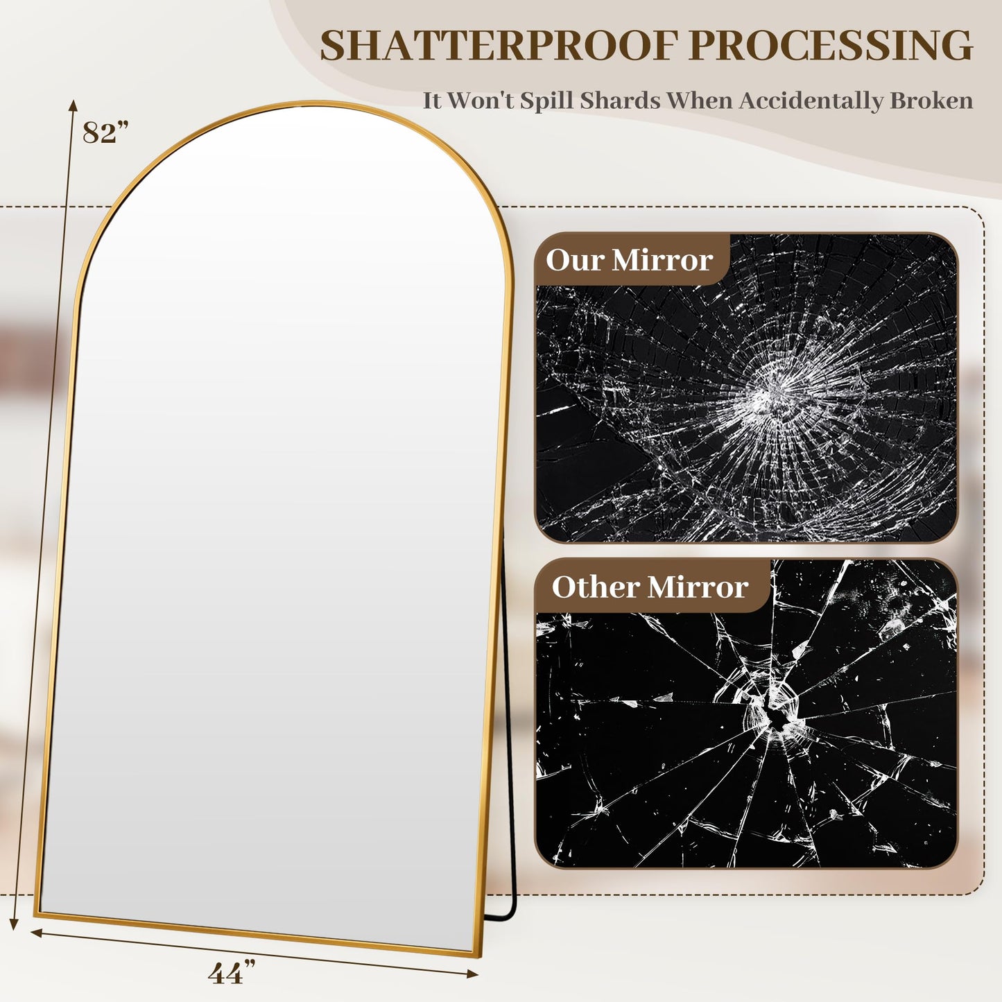Suidia Arched Oversized Full Length Mirror Floor 82"x44" - Large Freestanding Full Body Mirror with Aluminum Alloy Frame, Tempered Glass, Gold, Leaning/Wall Mounted for Bedroom, Living Room, Entrance