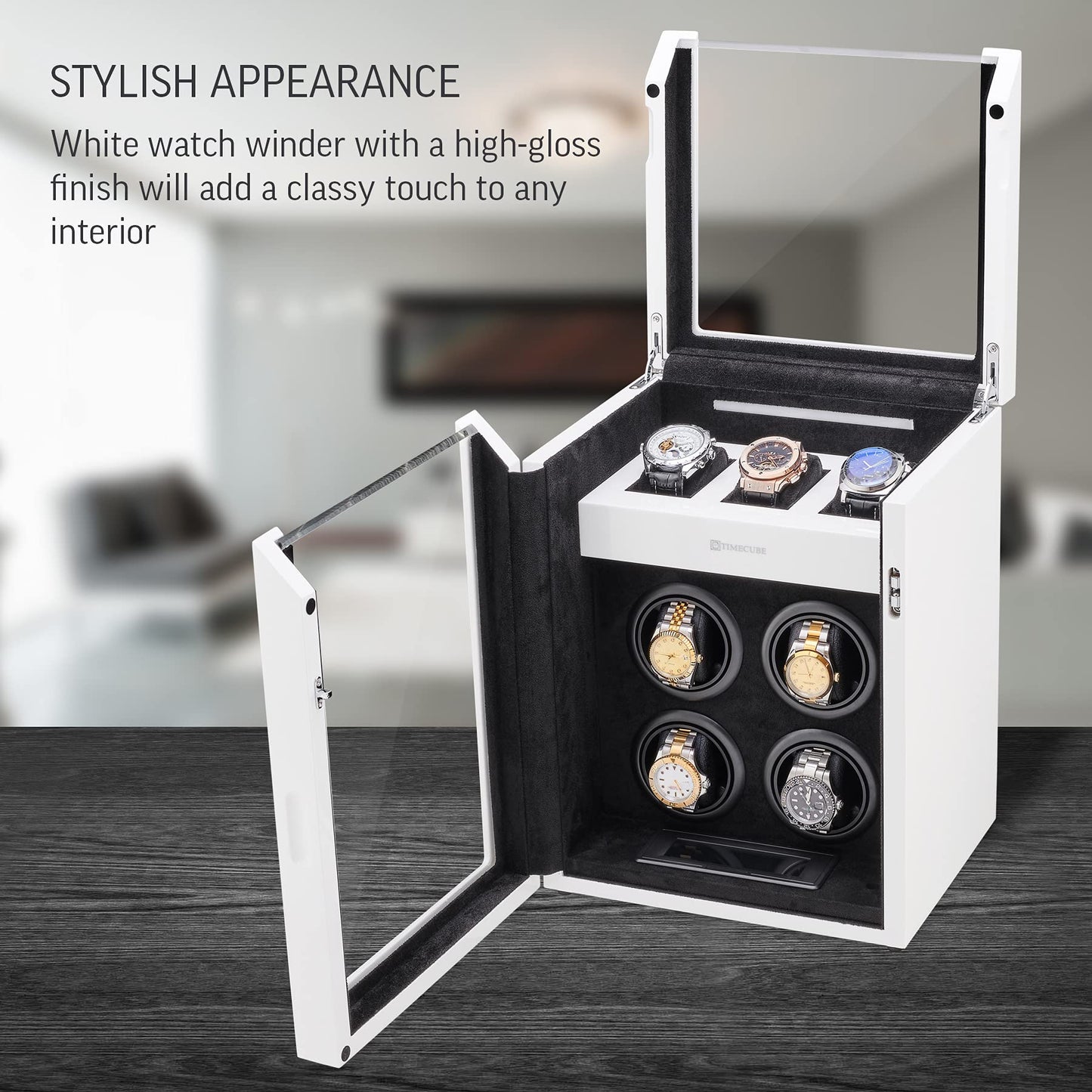 TIMECUBE Watch Winder for 4 Watches with 15 Winding Programs and 3 Watch Storage Slots (White)