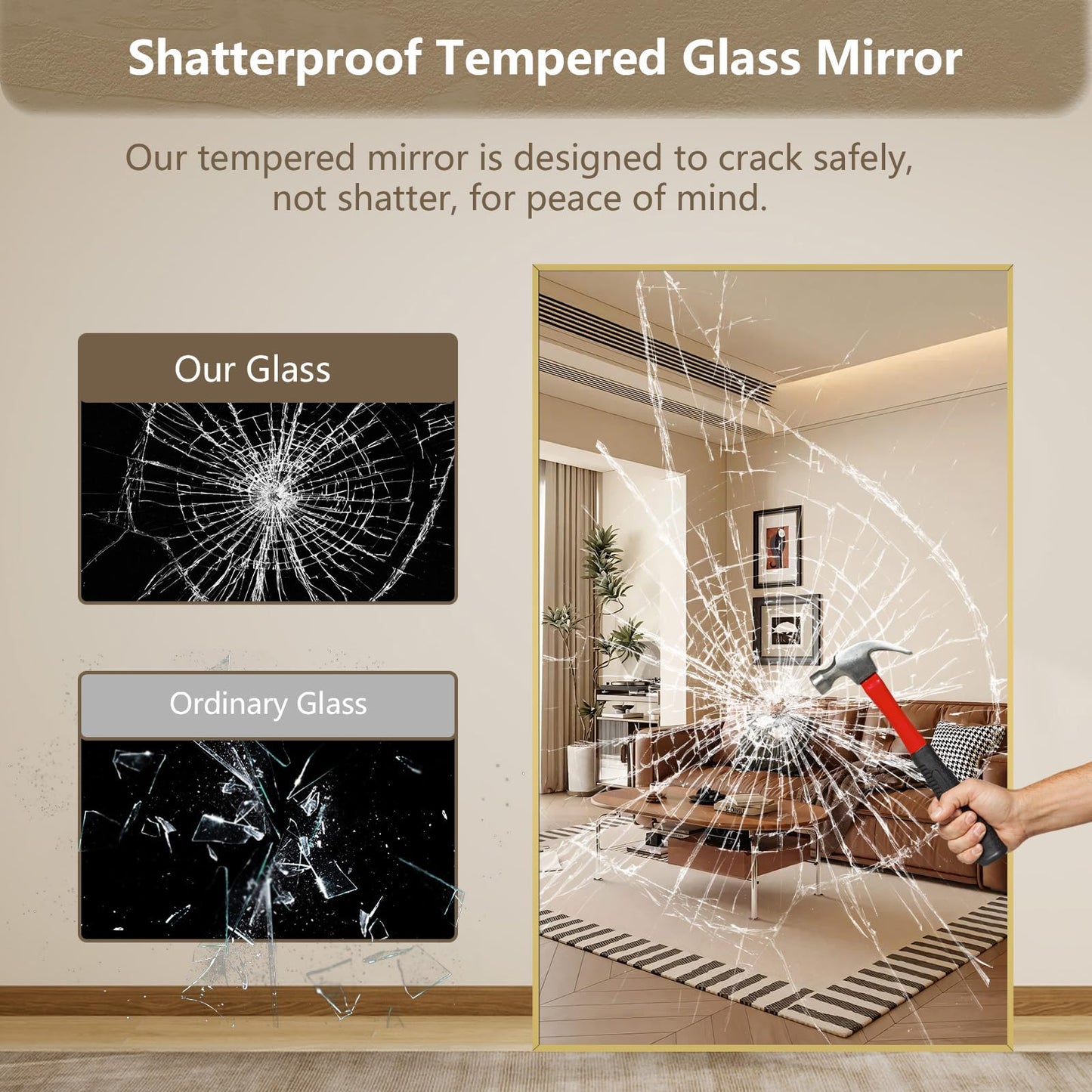 Mirrorons 76"x44" Oversized Full Length Mirror, Floor Standing or Wall Mounted with Hanging Kit, Shatterproof Tempered Glass Mirror for Living Room, Bedroom, Dressing Room, Gym (Gold)