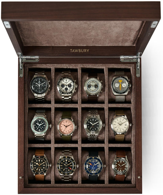 TAWBURY Wooden Watch Case - 12 Slot Wood Watch Box for Men & Women with Protective Fully Lined Interior and 2-inch Wide Pillows for Small & Large Watches (Dark Walnut)