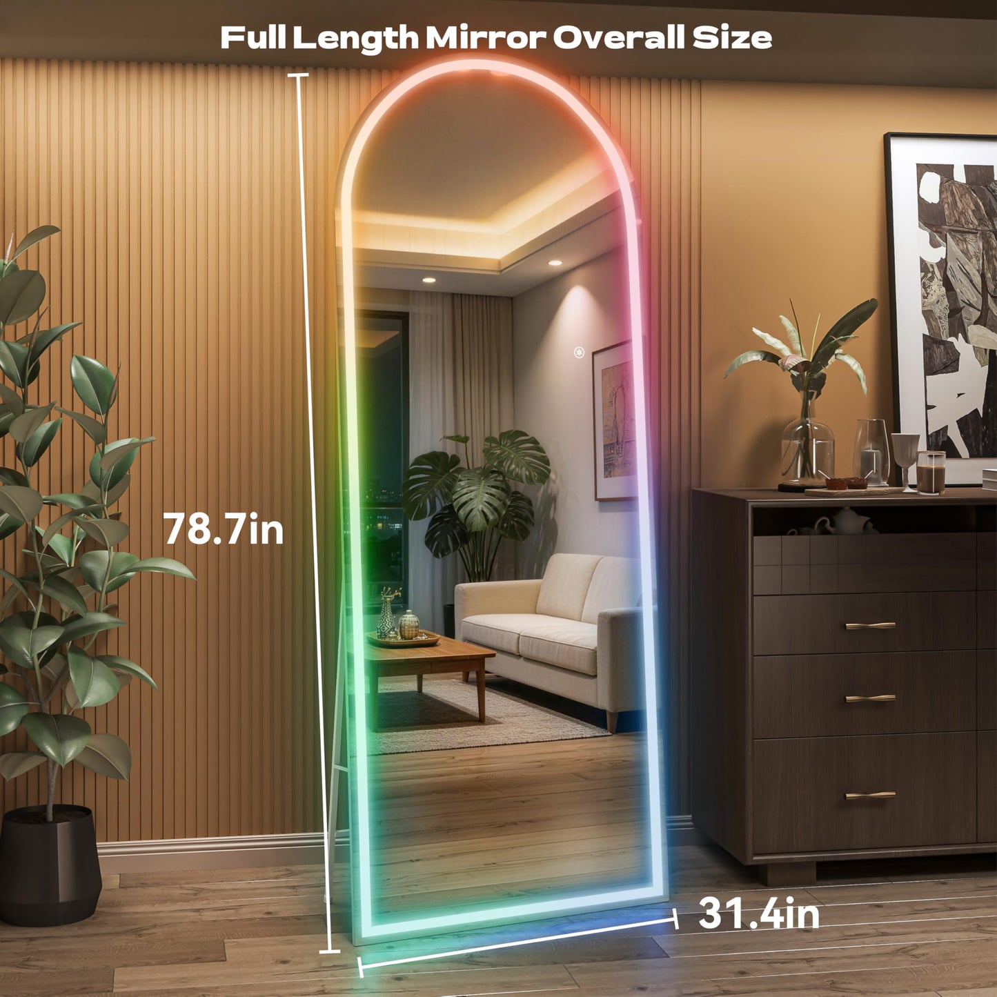 Hasipu Arch Full Length Mirror 79 x 32 in with Stand — Arch LED RGB Full Body Mirror, 7 Lighting Modes, Dimmable, Built‑in Bluetooth Speaker, White Frame for Bedroom Dressing Room