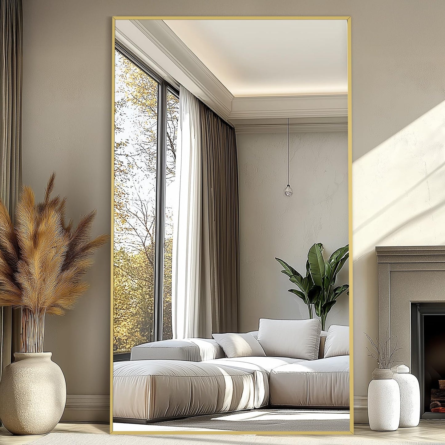 Mirrorons 76"x44" Oversized Full Length Mirror, Floor Standing or Wall Mounted with Hanging Kit, Shatterproof Tempered Glass Mirror for Living Room, Bedroom, Dressing Room, Gym (Gold)