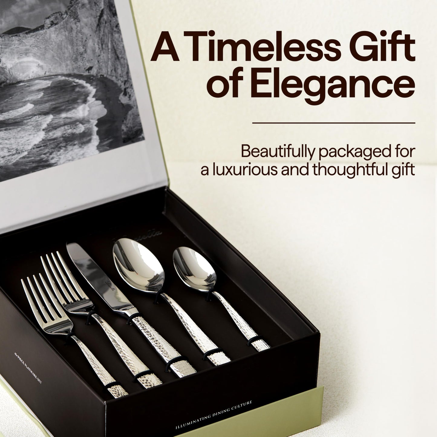 Luciella Ponza Flatware Set for 8, 45-Piece Stainless Steel Silverware Set with Serving Utensils, Timeless Hammered Design, Rust-Resistant, Mirror Polished & Dishwasher Safe, Mothers Day Gifts