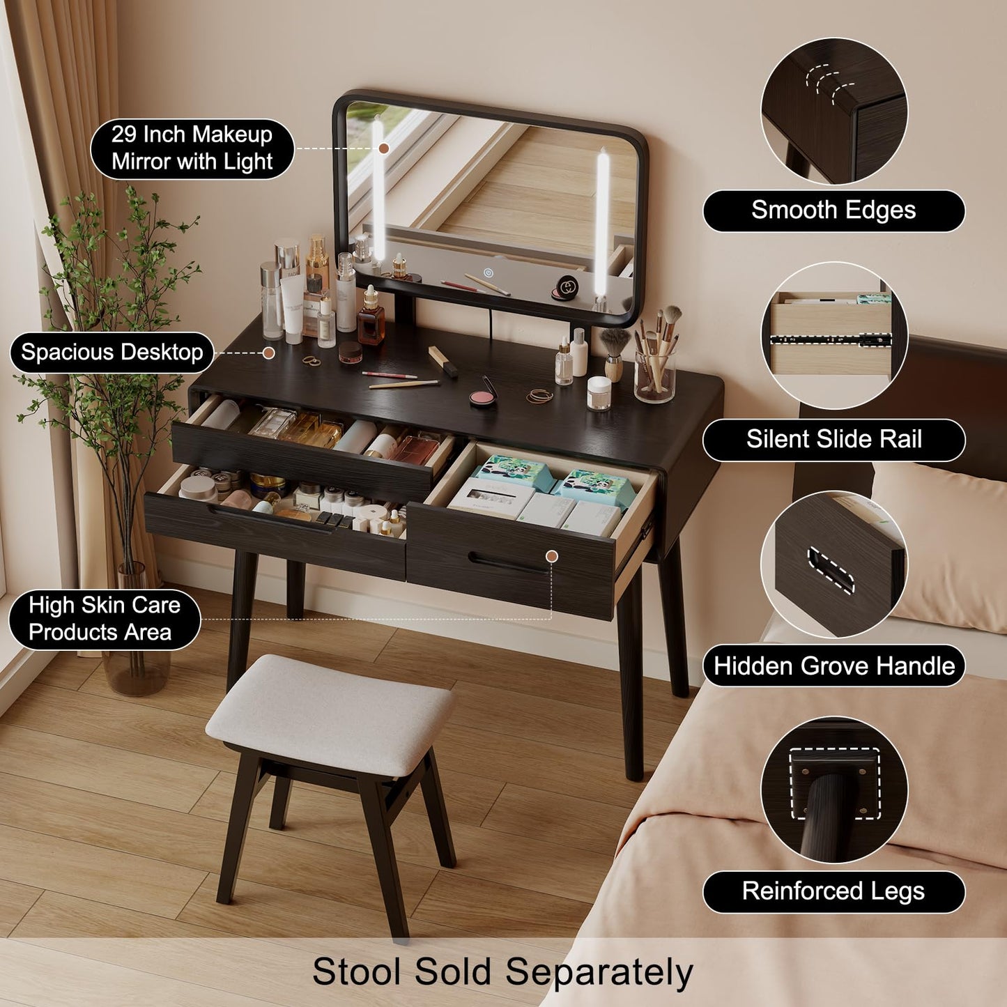 DONGMUWUJEE Solid Wood Vanity with Mirror and Lights, Adjustable Brightness, Wood Makeup Vanity with 3 Drawers, Semi-Assembled, Vanity Desk for Bedroom (Black)