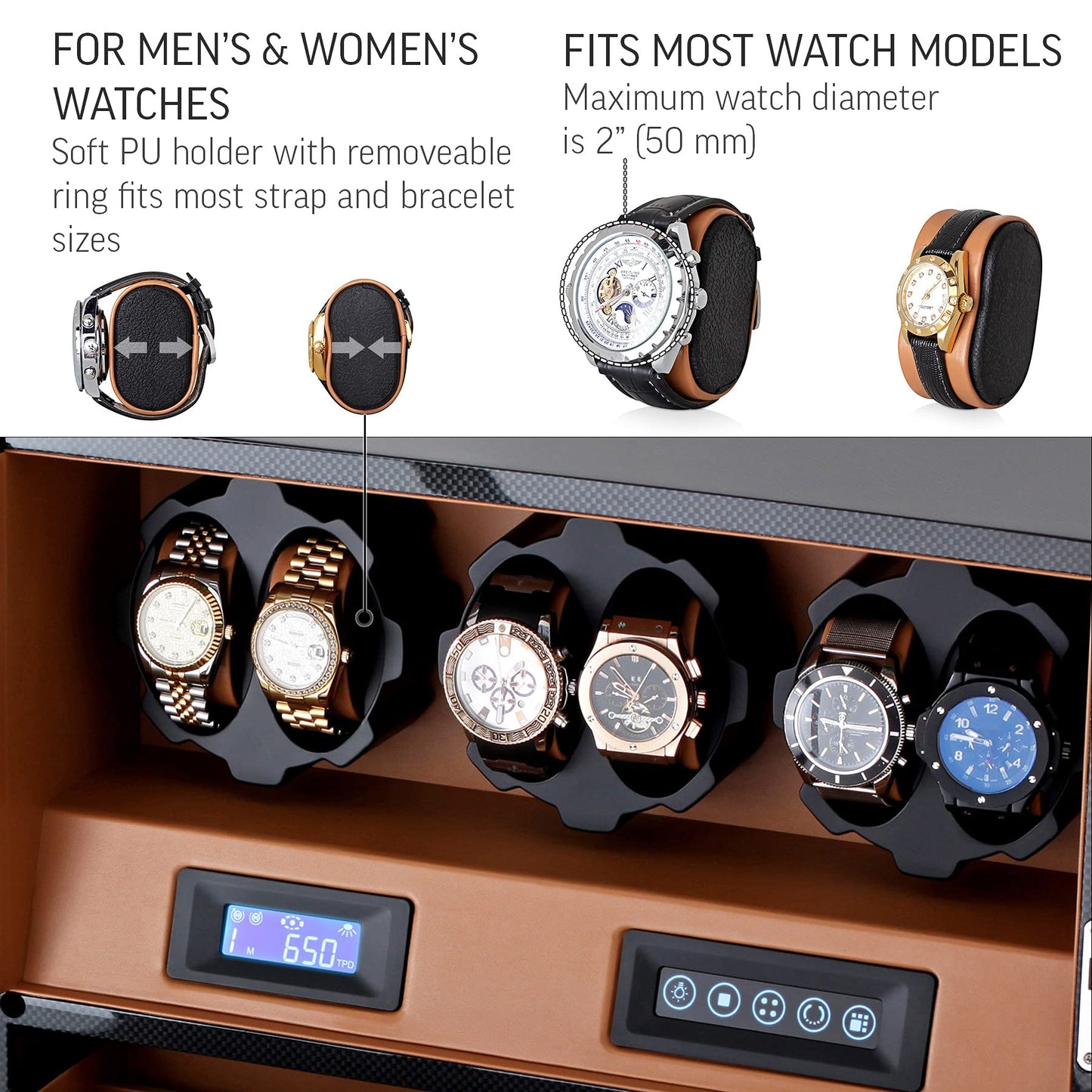 Automatic Watch Winder with 6 Storage Slots, LED Light and Automatic Motor-Stop Option