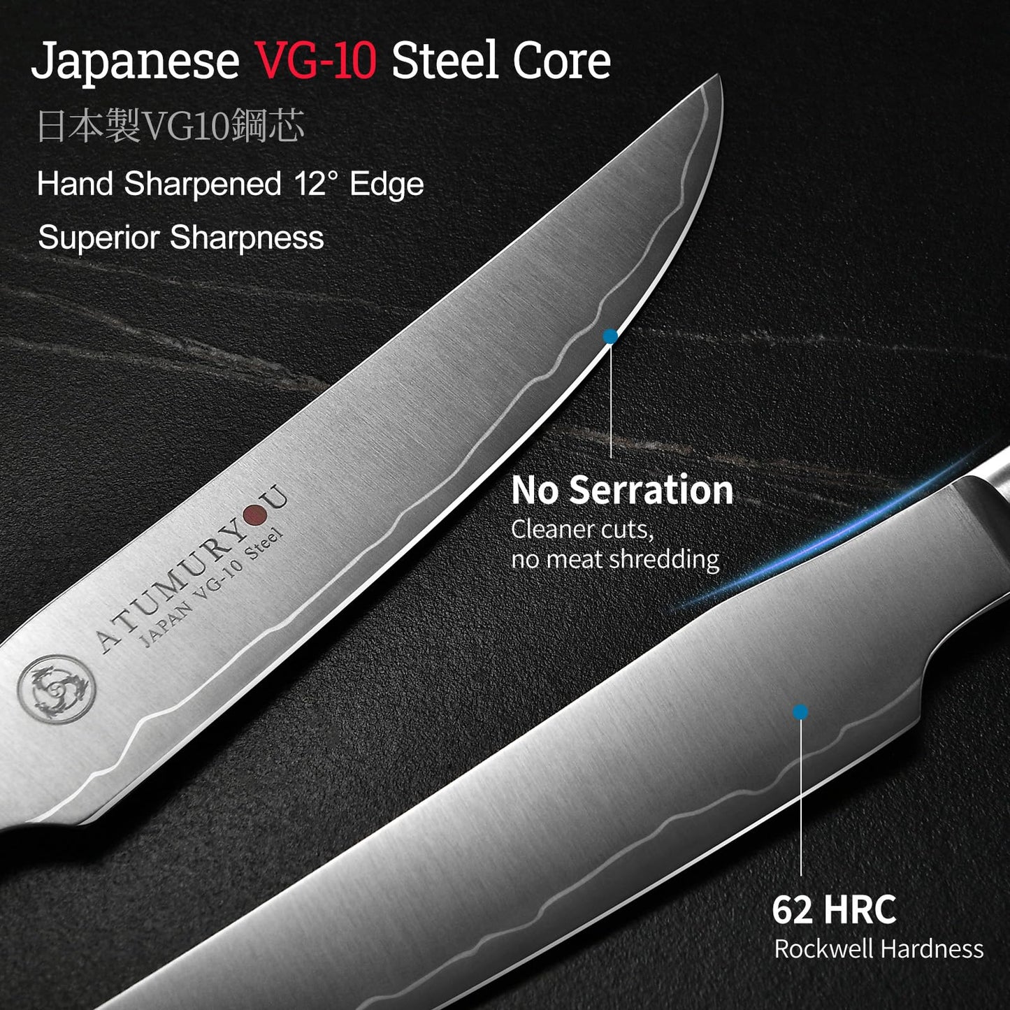 Steak Knives Set of 4, 5 inch Handcrafted Japanese VG10 Steel Kitchen Steak Knives, Non Serrated Meat Knife with Ergonomic Stabilized Wood Handle & Luxurious Wood Box, Cooking Gifts for Men Women