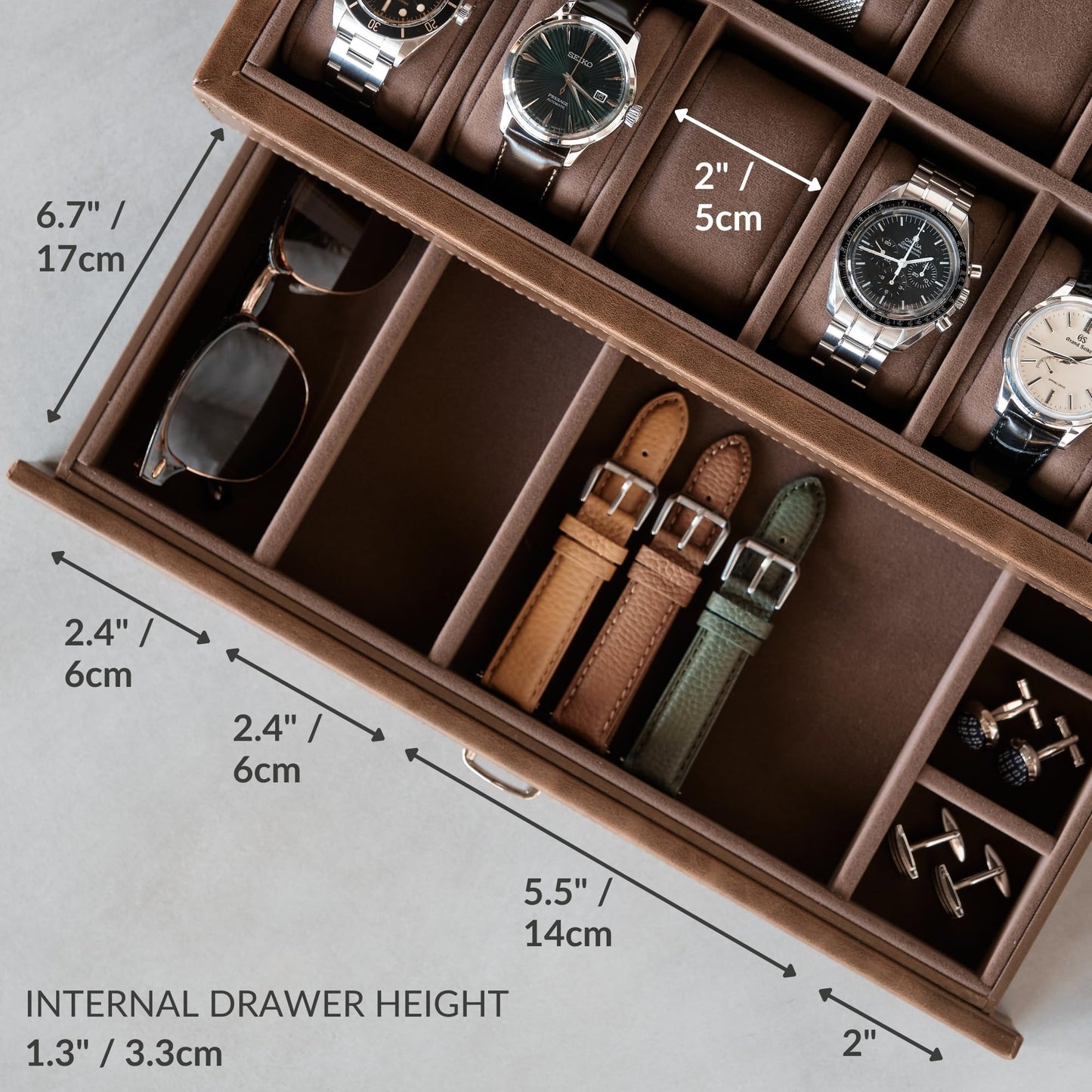 TAWBURY Bayswater 12 Slot Watch Box with Drawer (Brown) with a Set of 12 Small Pillows to Fit 6.6-7.1" Wrists