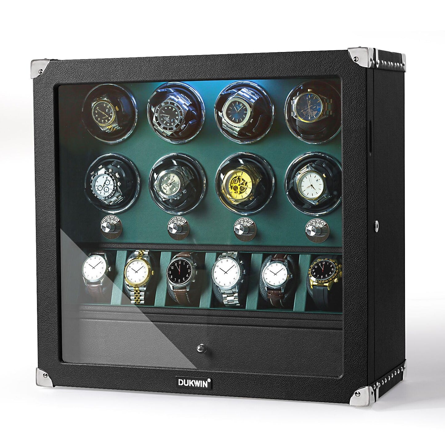 DUKWIN Watch Winder for 6 Automatic Watches,Lockable Watch Winders with Watch and Jewelry Storages, Super Quiet Mabuchi Motor with High-Gloss Piano Lacquer Finish,Built-in Illumination-White