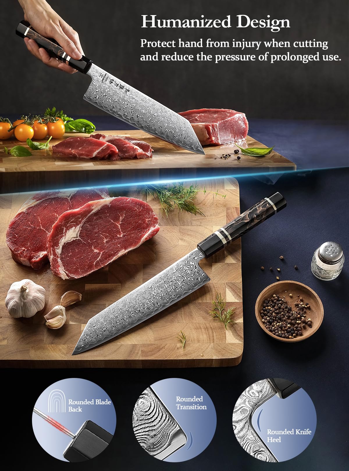 HEZHEN Kiritsuke Knife, 8.5 Inches, 49 Layers Damascus ZDP-189 Steel Japanese Chef Knife, Ultra Sharp Blade, Lightweight Handle, Acacia Wood Box Packing